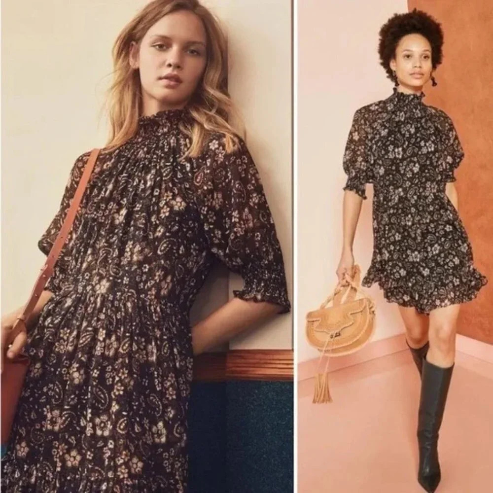Ulla Johnson Josie Dress Silk Tan Black Floral Babydoll Dress Smocked Neck Sz 0